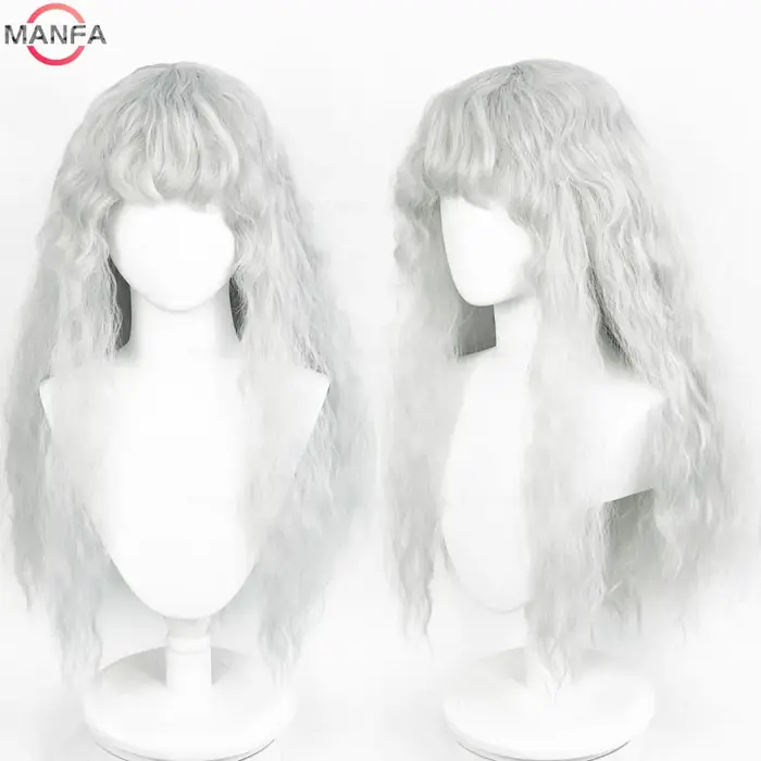 Griffith Cosplay perruque gris clair bouclés ondulés longs résistant à la chaleur perruques de cheveux synthétiques +