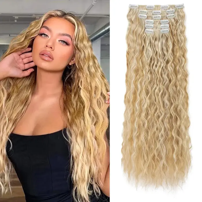 Extensions capillaires synthétiques à clips, postiche longue ondulée de 22 pouces, 16 griffes, pour 