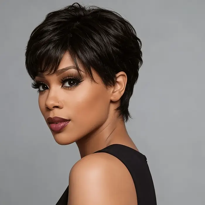 Perruque courte coupe pixie avec frange, couleur naturelle 1B, cheveux humains, perruque entièrement