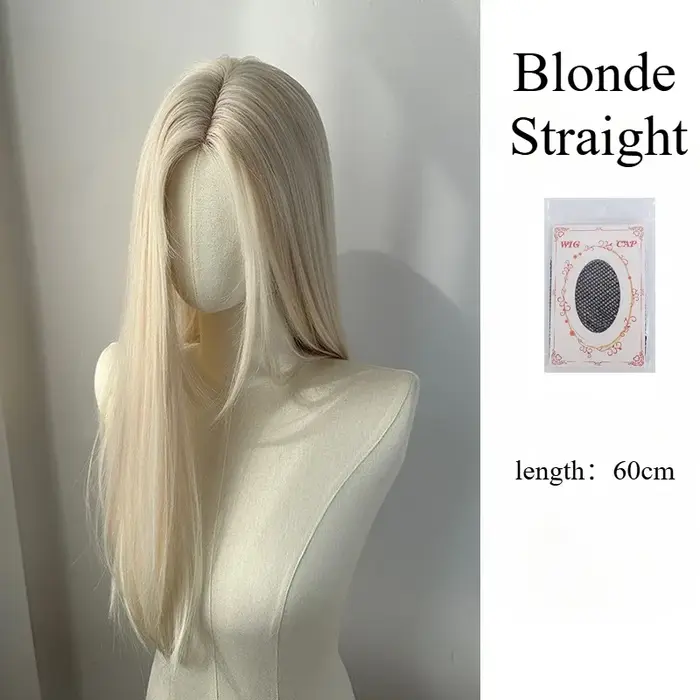 Perruque blonde longue droite pour femme, partie centrale, perruques synthétiques, avant en dentelle