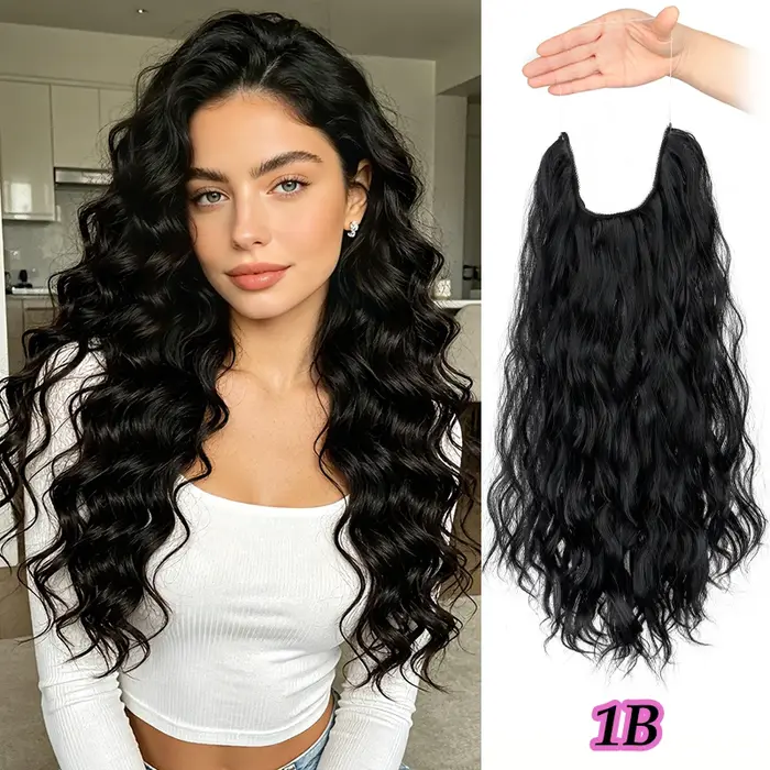 Extensions de cheveux à fil invisible, longues mèches synthétiques bouclées pour femmes, sans clips,