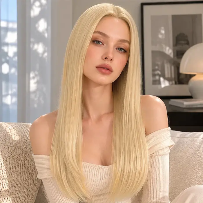 Perruque synthétique blonde droite de 28 pouces de long