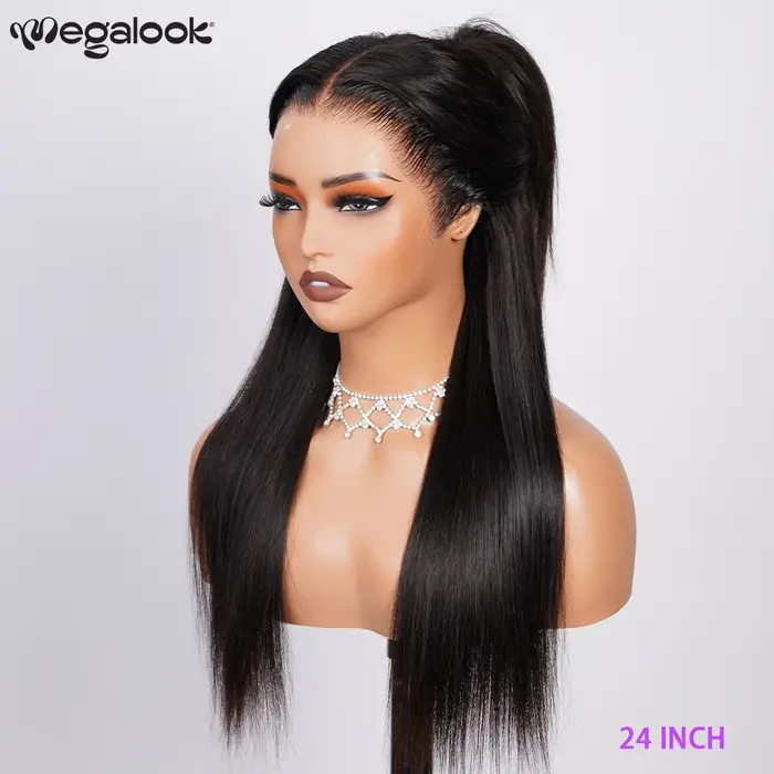 Megalook 13x6 perruque sans colle soyeuse droite avec cordon 100% perruques de cheveux humains dentelle frontale oreille
