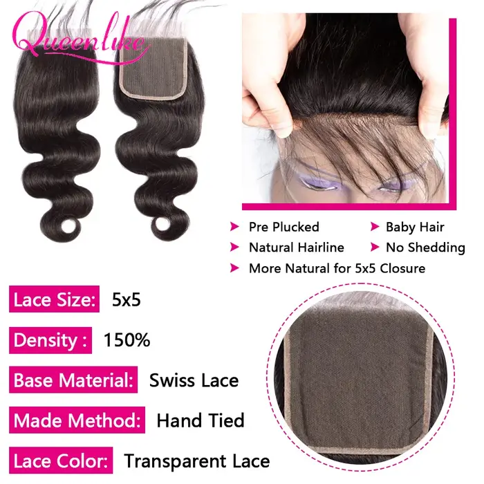 Queenlike 26 28 30 32 pouces paquets de vague de corps 100% cheveux humains avec 4x 4/5x5 fermeture 