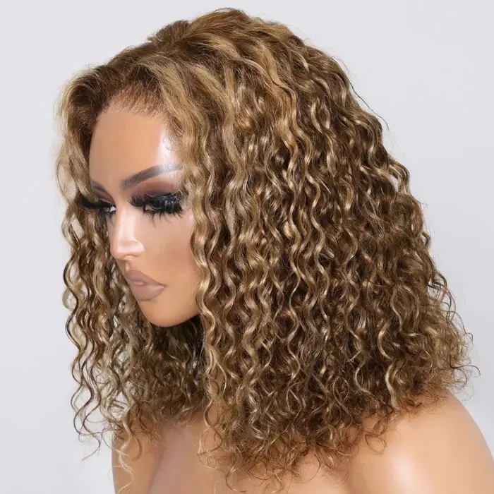 # 4/27 mettre en évidence la perruque sans colle cheveux humains vague profonde BOB perruque prêt à 