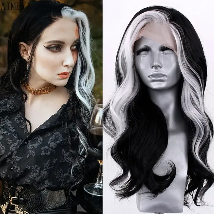 Perruque Lace Front Wig synthétique à reflets longs 13x4, perruque Body Wave blanche et noire ombrée