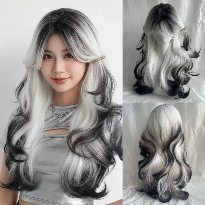 Perruque longue et ondulée pour femme, blanche et noire, cheveux synthétiques résistants à la chaleu