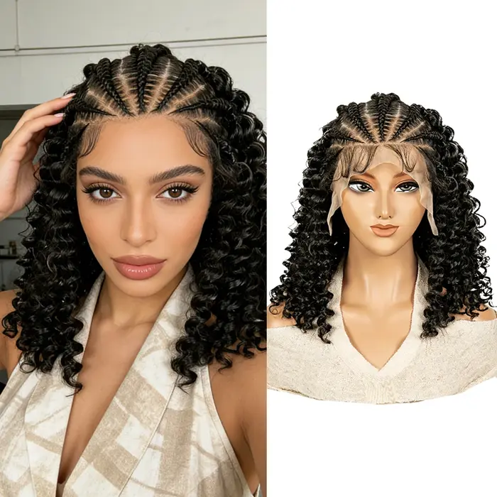 Perruque bouclée tressée style cornrow de 16 pouces avec dentelle HD 13x4
