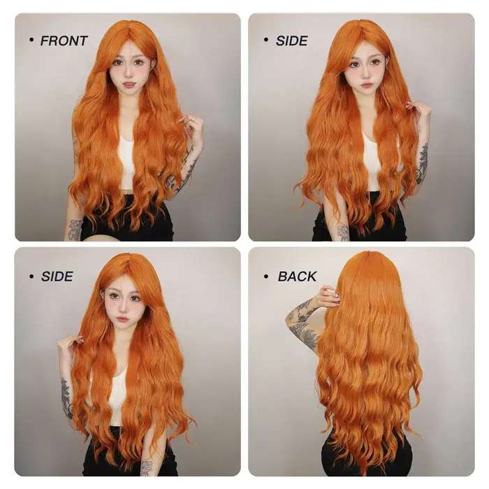Perruque Synthétique Longue Ondulée Orange pour Femme, Cheveux Naturels Ondulés avec Longue Frange,