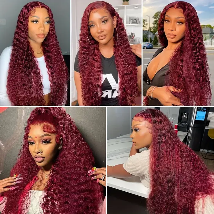 Perruques Deep Wave 99J Bourgogne, Perruque Frontale HD Lace 13x6, Perruques Frontales HD Transparen