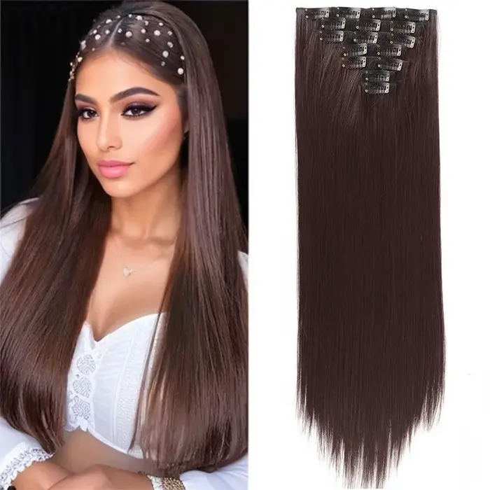 7 Clips dans les Extensions de cheveux longue coiffure droite rose 60CM