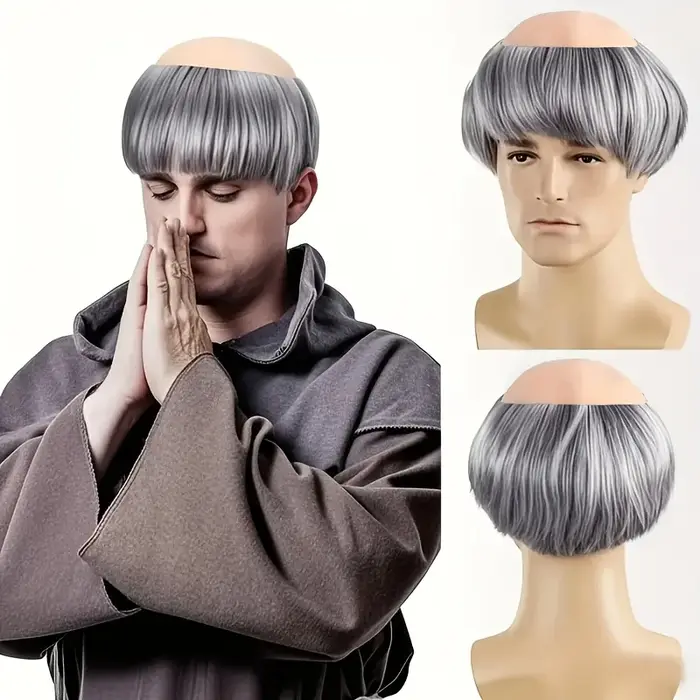 Perruque synthétique moine rasée avec tresses brunes et argentées