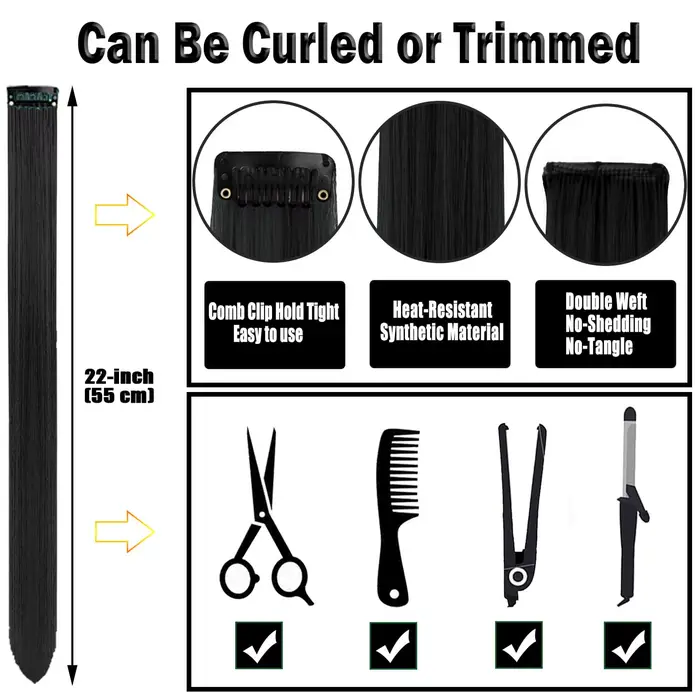 Extensions capillaires synthétiques noires longues et lisses, 12 pièces, postiches colorées à reflet