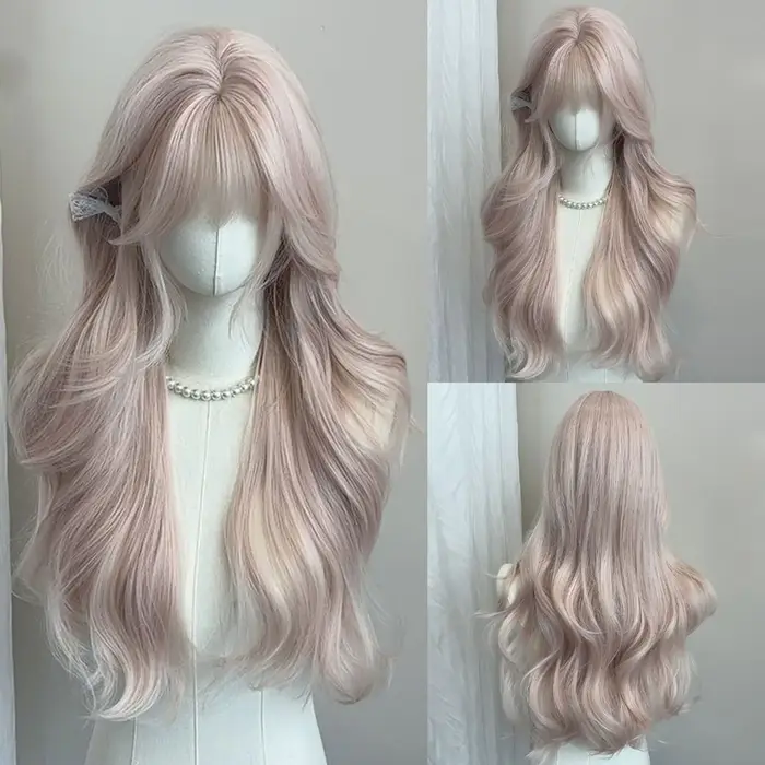 Perruque synthétique très bouclée rose gris féminin avec une bangs