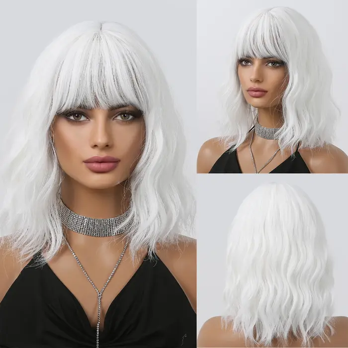 Perruque synthétique courte bouclée ondulée blanche, perruque Lolita blanche avec frange pour femmes