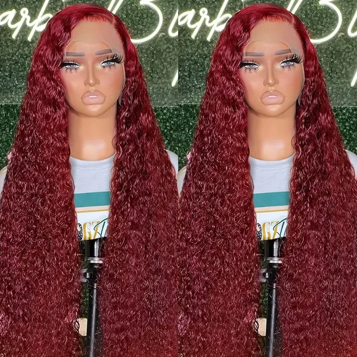 Perruque Lace Frontal Wig naturelle bouclée, cheveux humains, Deep Wave 99J, bordeaux, 13x4, HD, vin