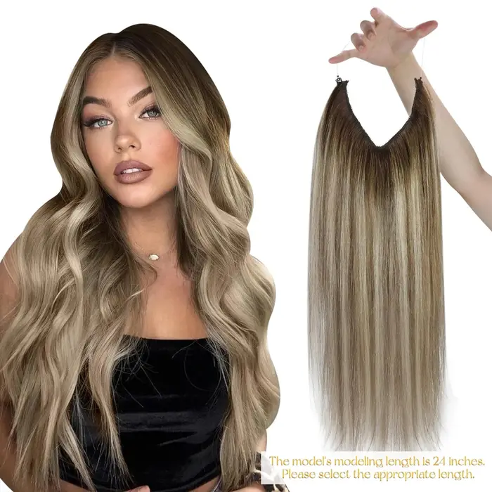 VeSunny ligne de poisson fil d'extension de cheveux humains cheveux naturels une pièce fil Invisible trame de cheveux avec 2 Clips blond doux Remy cheveux