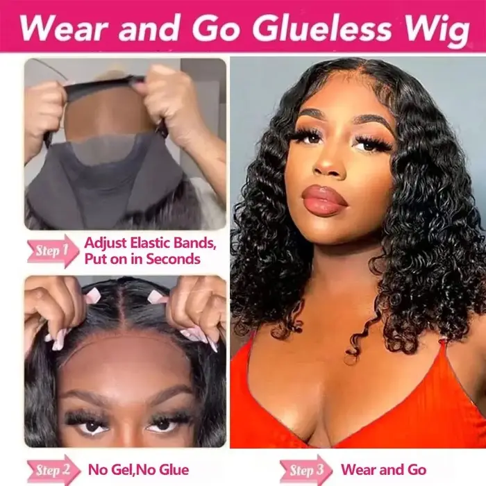 ISEE Hair-Go Glueless Wigs, Water Wave Wig, Short Bob Wig, Transparent, Pré-Cut, Pre-Plucked, 6tage 