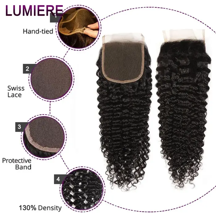 Afro profond crépus bouclés cheveux humains 3/4 Bundle avec fermeture frontale en dentelle transpare