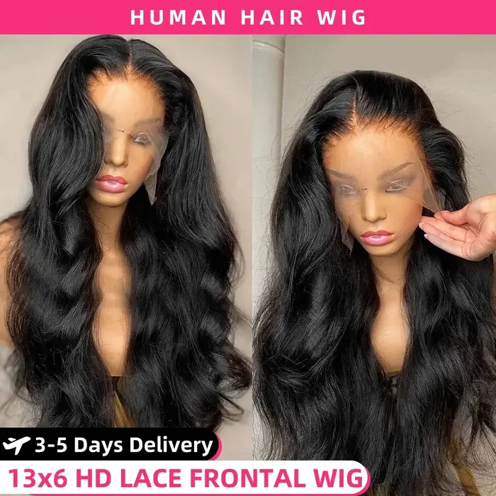 Perruque Lace Front Wig Body Wave brésilienne naturelle, cheveux humains, 13x6 HD, pre-plucked, 300%