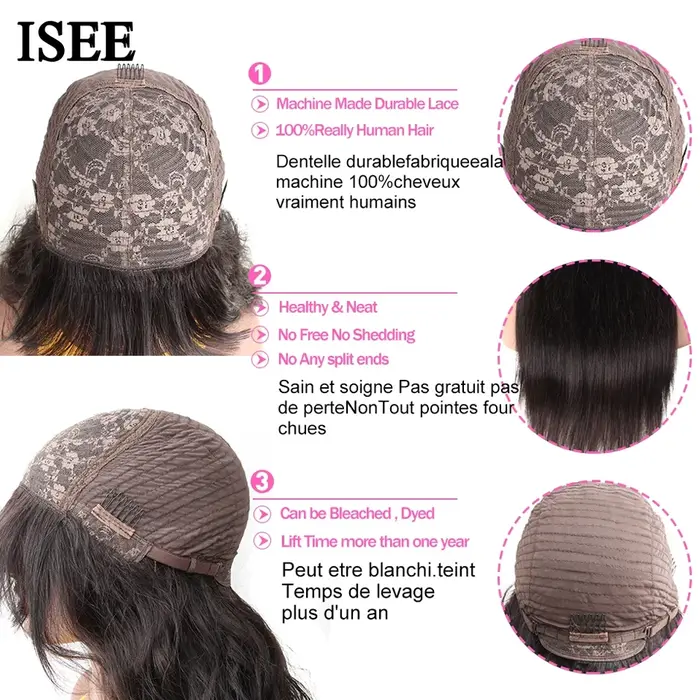 ISEE HAIR-Perruque Bob courte cousue avec frange pour femme