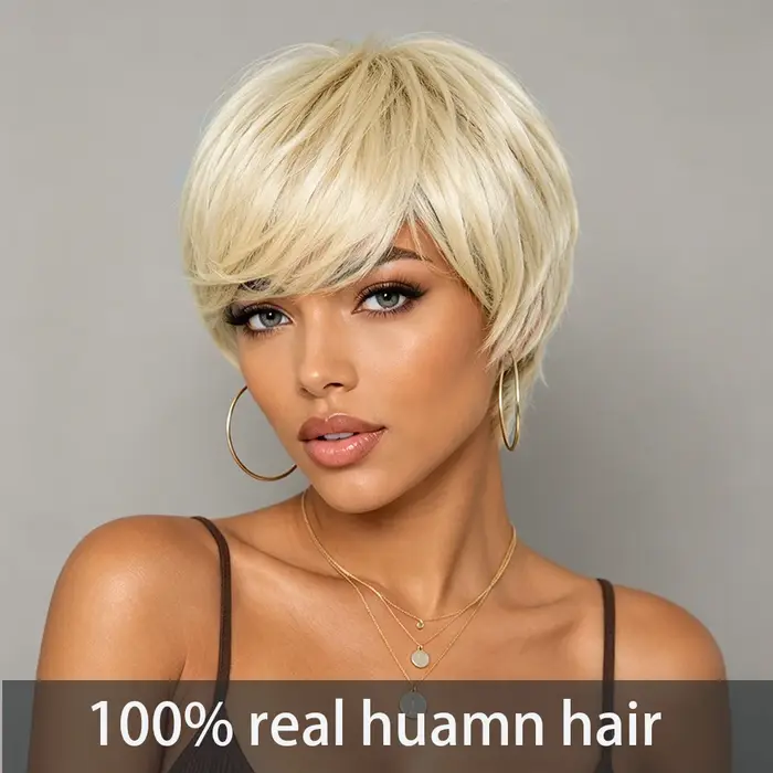 Perruques blondes en cheveux humains coupés style pixie pour femmes