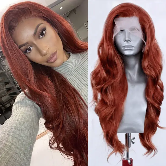 Perruque Lace Front Wig synthétique ondulée rouge cuivre, perruque longue en cuivre pour femmes, per