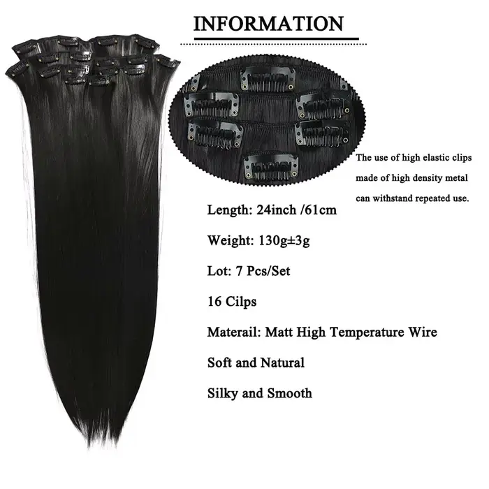 Extensions de cheveux synthétiques longues et lisses à clips, 24 pouces, 16 clips, 7 pièces/ensemble