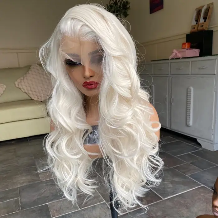 Perruque Lace Front Wig Synthétique Sans Colle Blond Platine