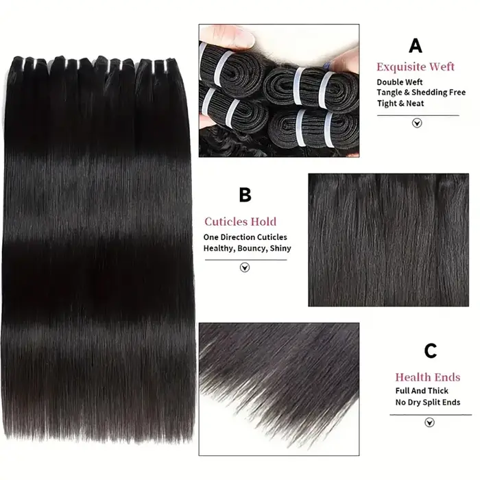 16A Super Double Drawn Tissage Cheveux Humains Lisses Vierge Non Traitée, Qualité Supérieure Extensi