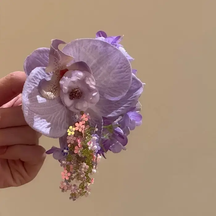 Pince à cheveux coréenne à fleurs violettes éthérées – Accessoire photo printemps-été