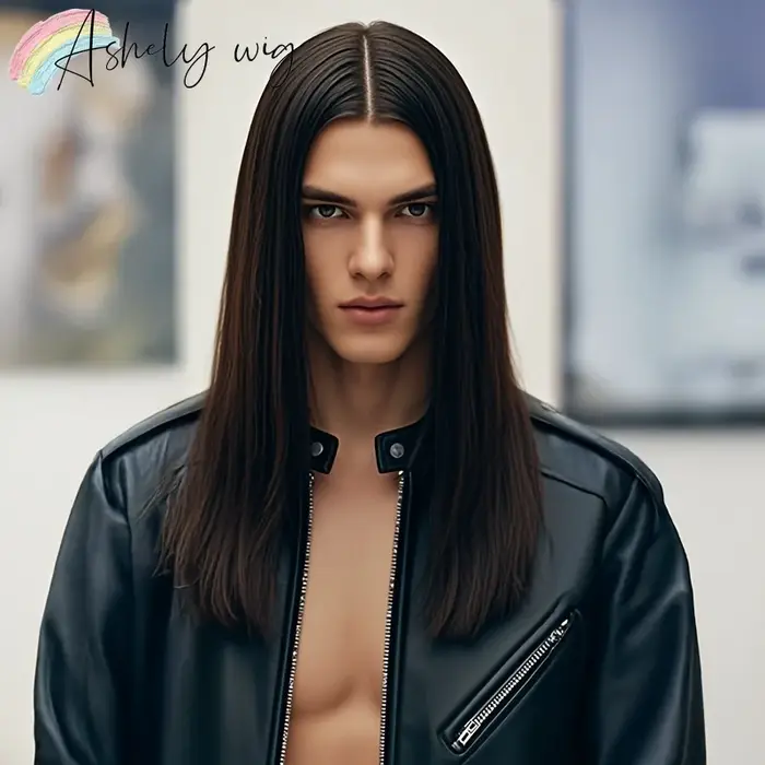 Perruque synthétique longue et lisse noire pour hommes