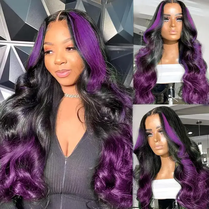 Perruques Lace Front Ombré Violet 13x4 à Rayures, Cheveux Humains Ondulés, Mèches Violet Foncé, Perr