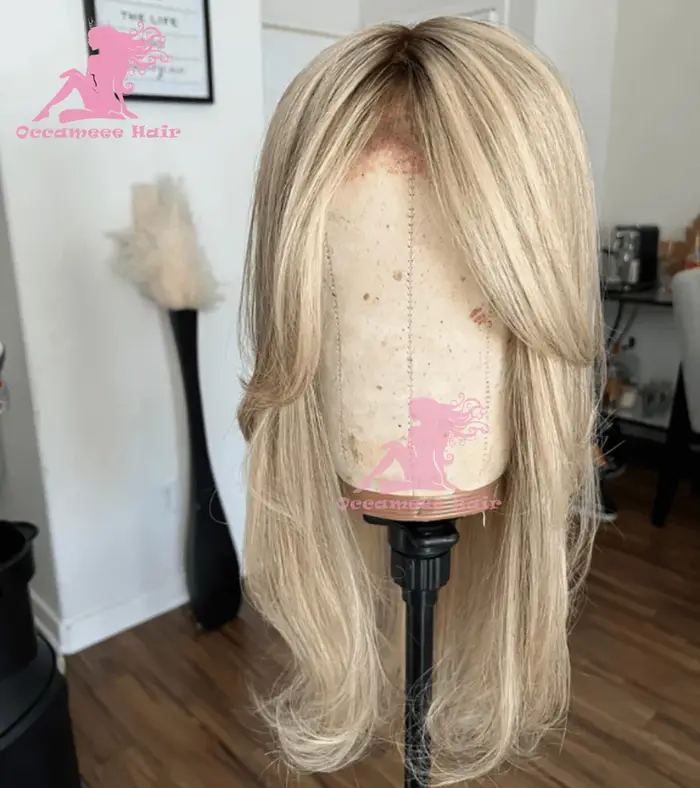 Perruques de cheveux humains avant de dentelle avec frange pré plumé délié cendré blond platine raci