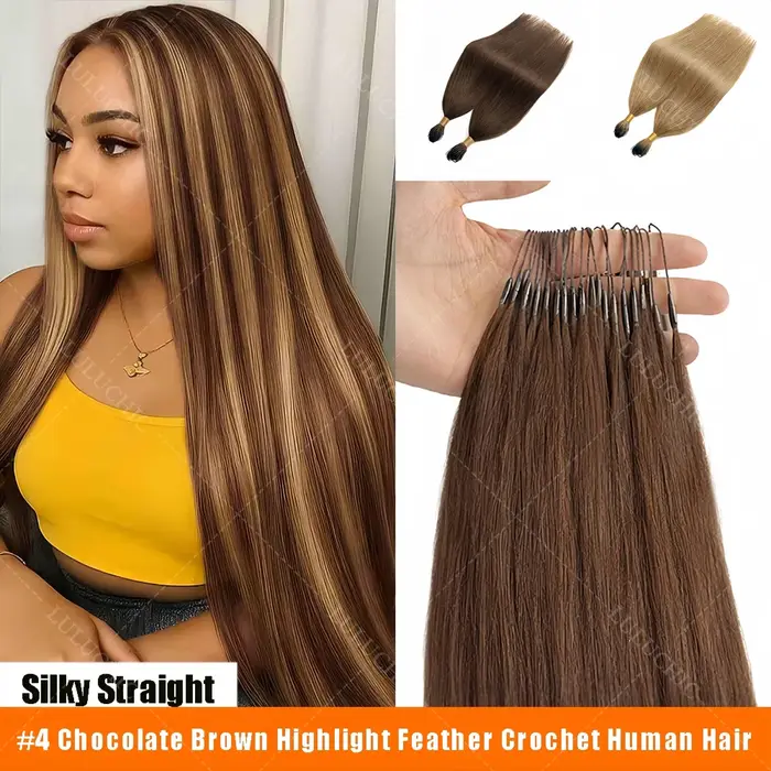 Extensions de cheveux humains pré-bouclées, mèches brunes ombrées, effet plume, soyeuses et lisses,