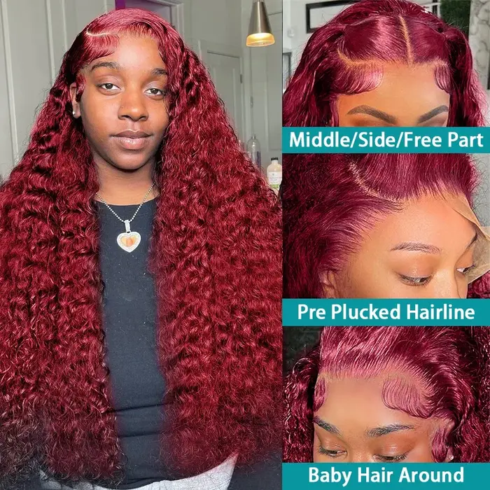 Perruque Lace Front Wig Remy bouclée rouge bordeaux 99J, cheveux naturels, 13x4, 13x6, densité 250, 