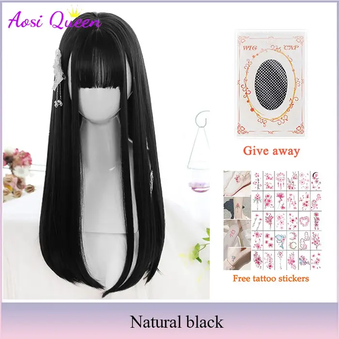 AOSI – perruques synthétiques noires longues et lisses avec frange pour femmes, perruques de fête de Cosplay de noël à la mode