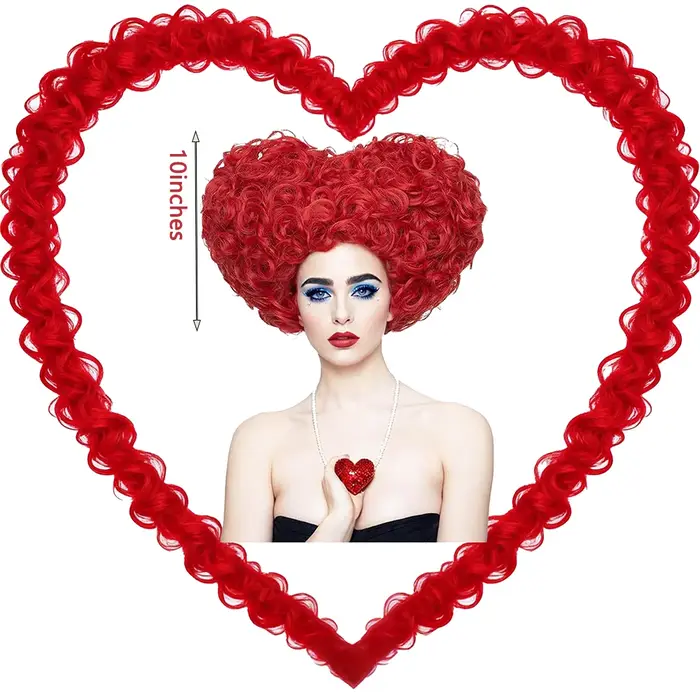 Perruque de cosplay Red Queen, reine des cœurs, perruque bouclée rouge vif en forme de cœur, cheveux