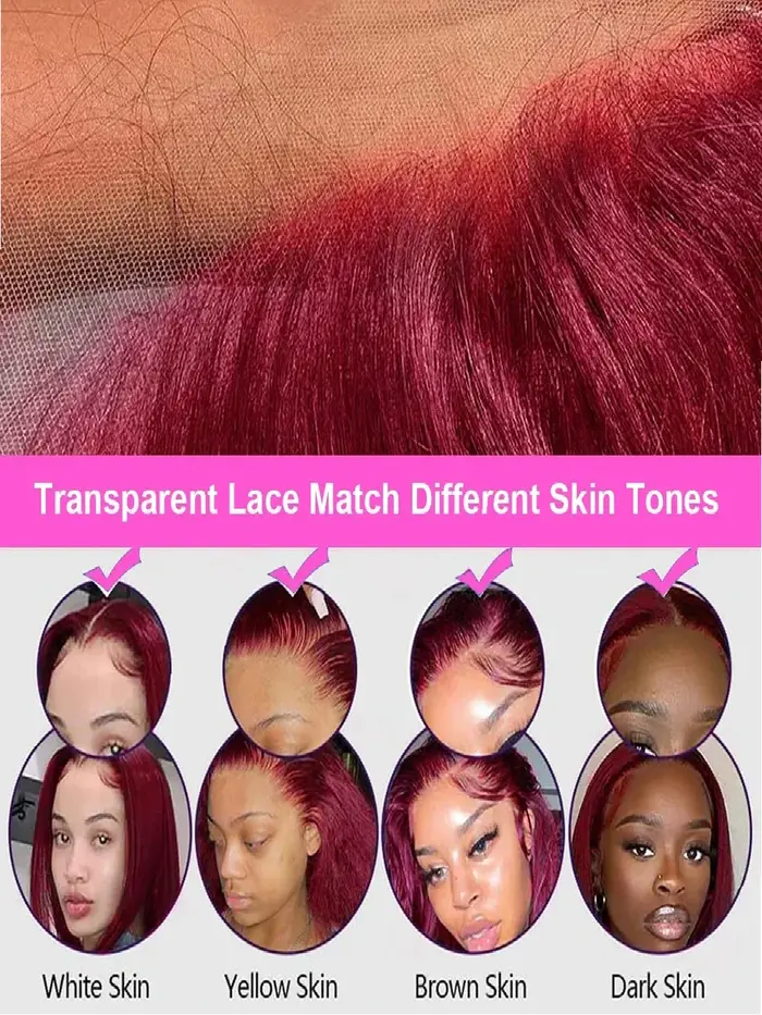Perruque lisse bordeaux 99J, densité 200%, cheveux Remy, perruques frontales en dentelle HD transpar