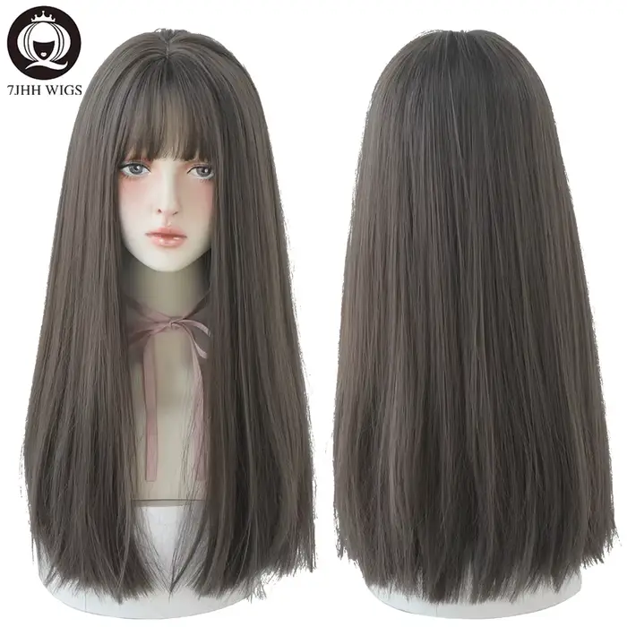 7JHHWIGS – perruques synthétiques longues et lisses marron clair avec frange pour femmes, résistante