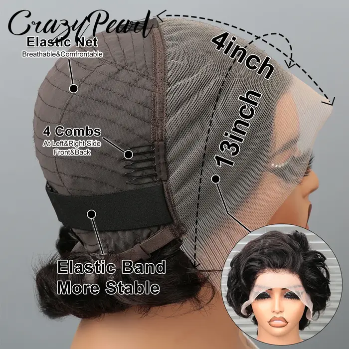 Perruque Lace Frontale CrazyPearl 13X4 Coupe Pixie Cheveux Humains Courts Bouclés Noirs Brésiliens Remy Ligne