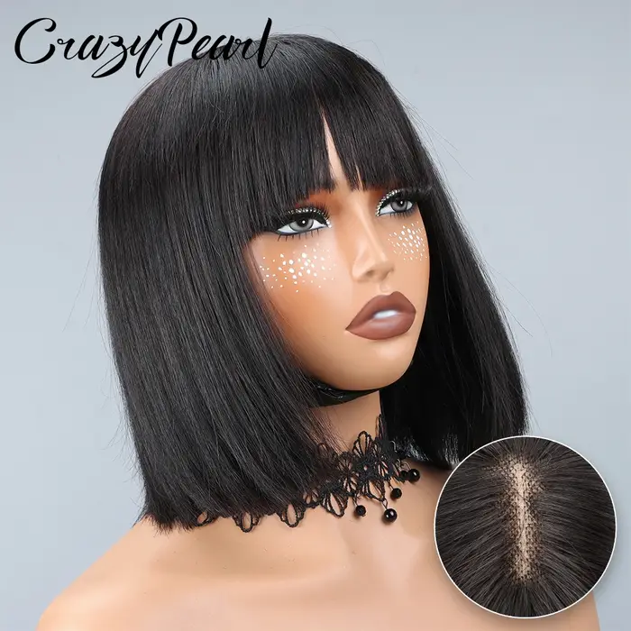 Perruque Lace Front CrazyPearl 1X13, perruque courte droite style bob, cheveux humains, pour femmes 