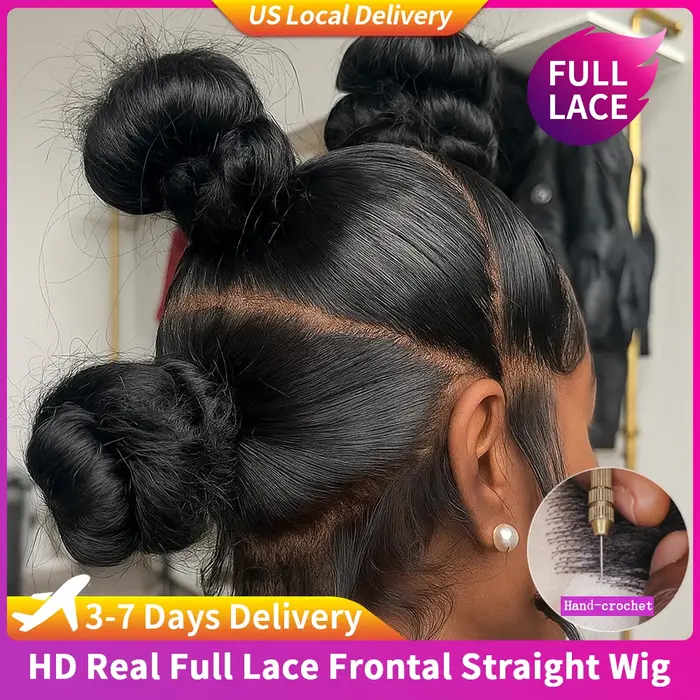 Perruque Full Lace Wig naturelle lisse, cheveux humains, densité 200, pre-plucked, HD 360, perruque