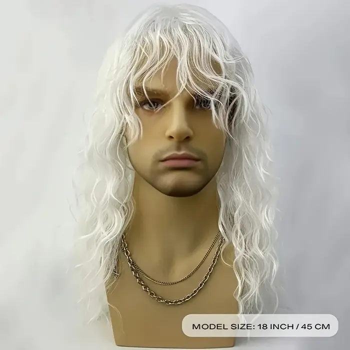 Perruque bouclée blanche pour hommes avec frange – Cheveux synthétiques ondulés naturels pour cosplay
