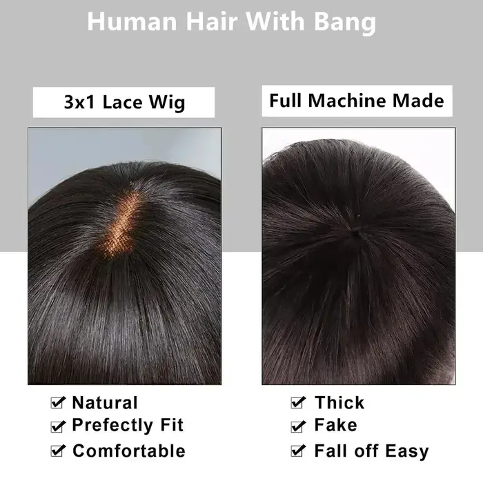 Perruque Bob Lace Wig Brésilienne Naturelle, Cheveux Courts et Lisses, avec Frange, 3x1 HD, 100% de 