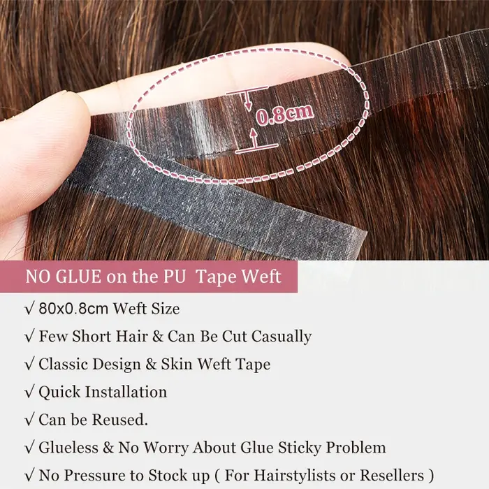 Trame de bande naturelle sans couture, longue bande de trame de peau en PU dans les Extensions humaines, sans colle, cheveux fins, faisceaux de trame longs de 80cm