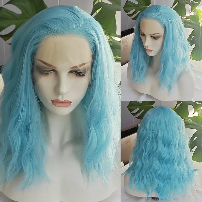 Perruque Lace Front Wig synthétique ondulée bleu ciel, perruque Loose Wave bleu clair pour femmes, Cosplay Makrup, utilisation en Fiber de chaleur, cheveux bleus
