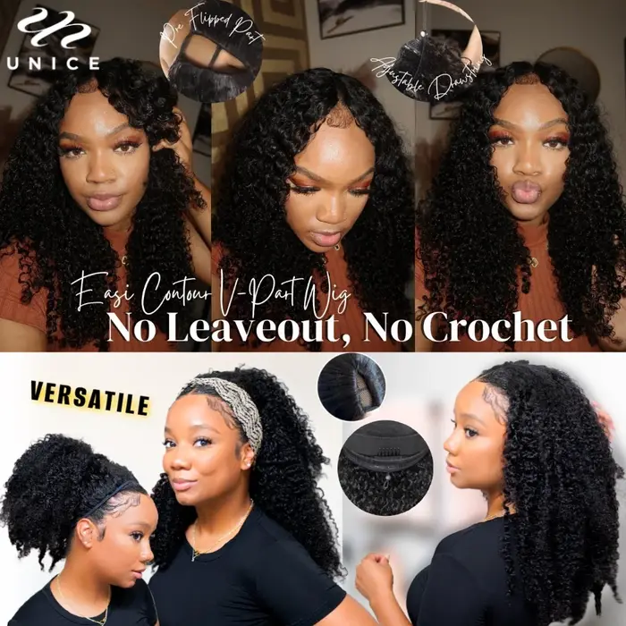 UNice InvisiBlend ™   Perruque crépue bouclée en V avec cordon de serrage, cheveux humains de Style 
