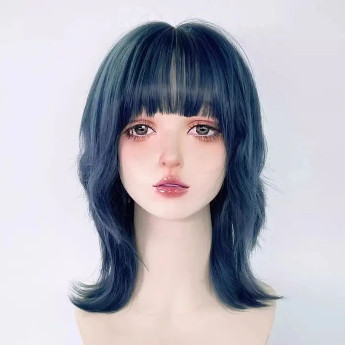 Perruque synthétique bleue à tête de mulet avec frange, perruque courte et lisse pour Cosplay Anime 
