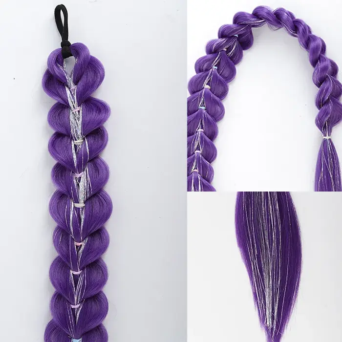 32 pouces tressé violet cheveux queue de cheval avec guirlandes perruque Super longues Extensions brillant